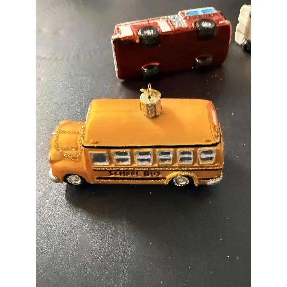 Old World Christmas Glass Ornaments School Bus Fire Truck Ambulance Double Bus